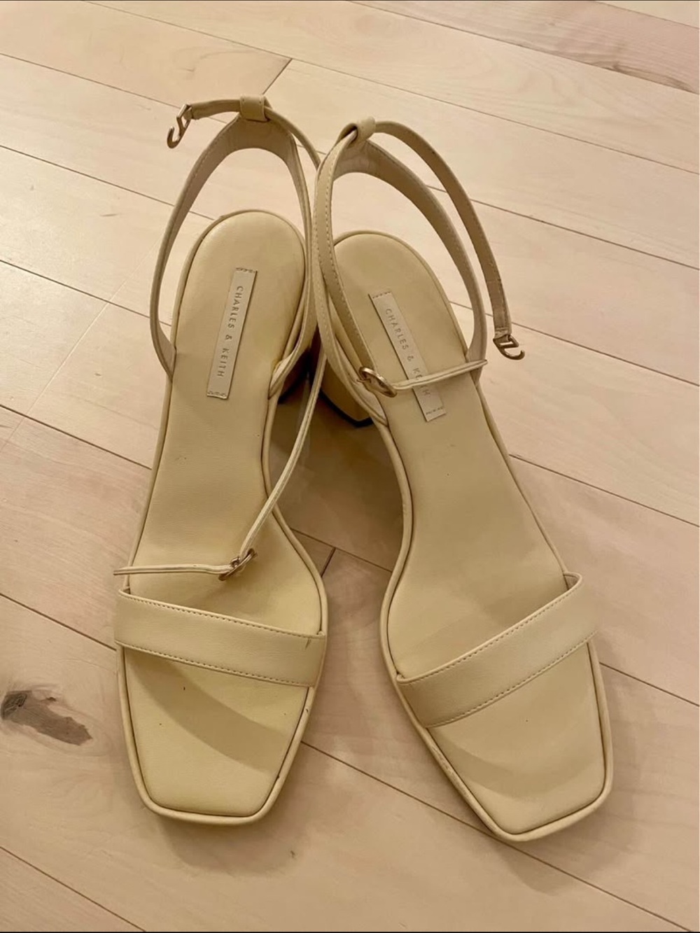 Charles & Keith Cream Square-Toe Slingback Block Heels